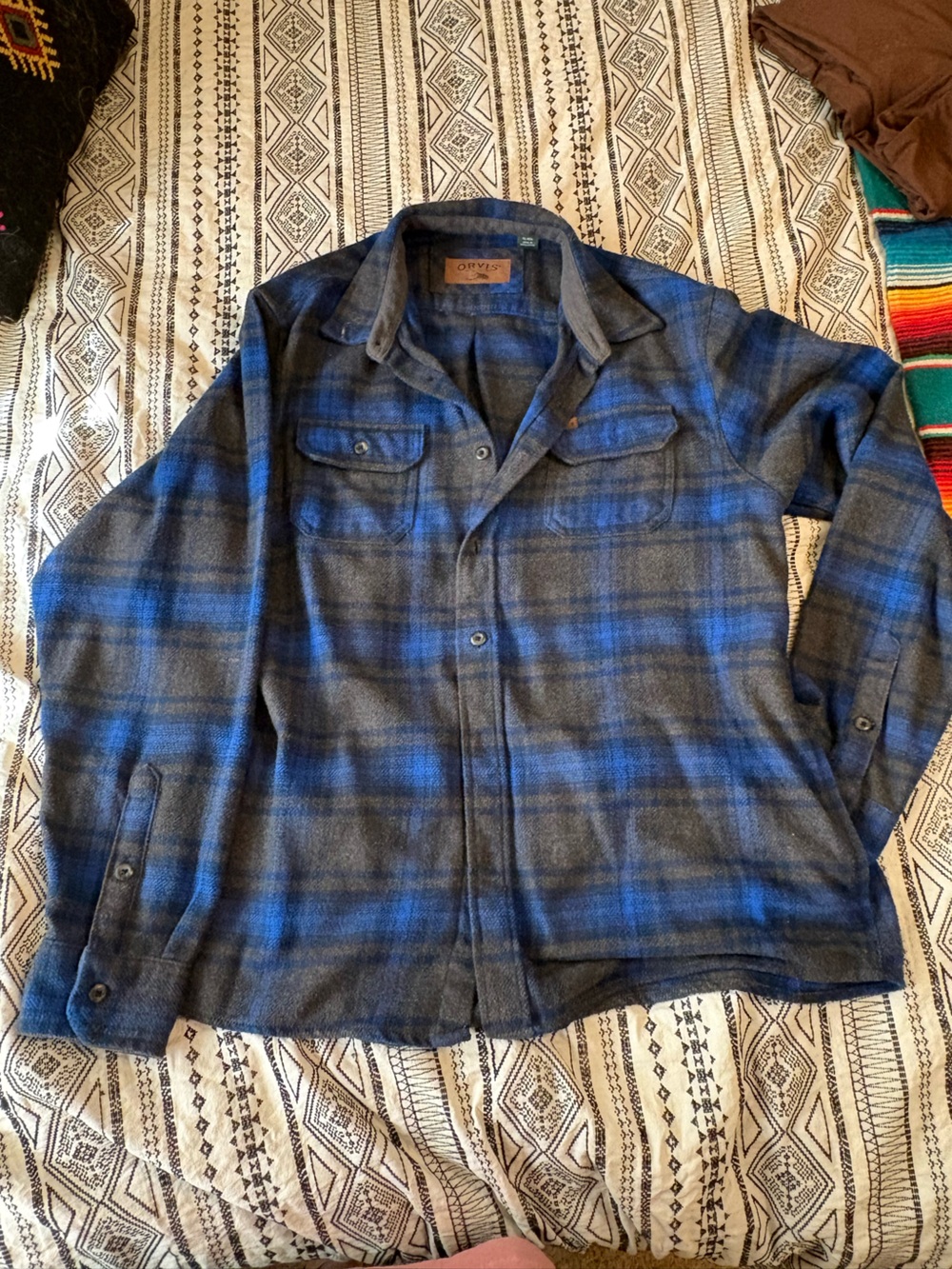 Orvis Men's XL Blue Gray Plaid Flannel Button Down Shirt